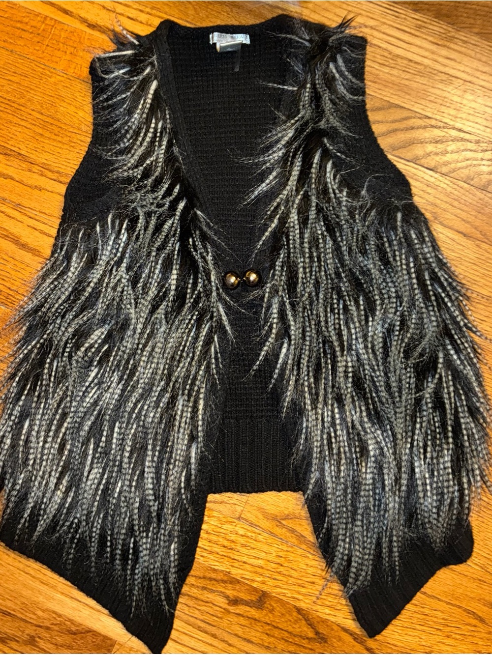 Alberto Makali Black Faux Fur-Trim Sleeveless Vest with Gold Buttons